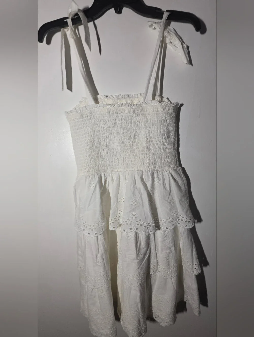 American Eagle Outfitters White Smocked Tiered Eyelet Midi Skirt